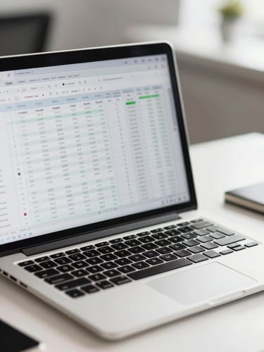 Close-up of a clean, modern office workspace with a laptop displaying a financial report and positive credit score data, bright daylight