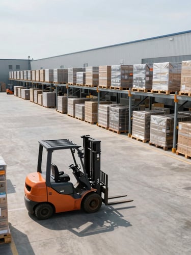Wide environmental shot of a modern logistics warehouse, clean concrete floors, active forklifts moving palletized inventory under bright daylight.
