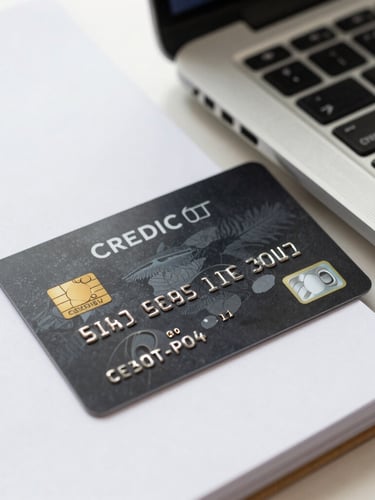 Close-up of a physical black corporate credit card resting on a clean slate surface next to a laptop, bright natural daylight