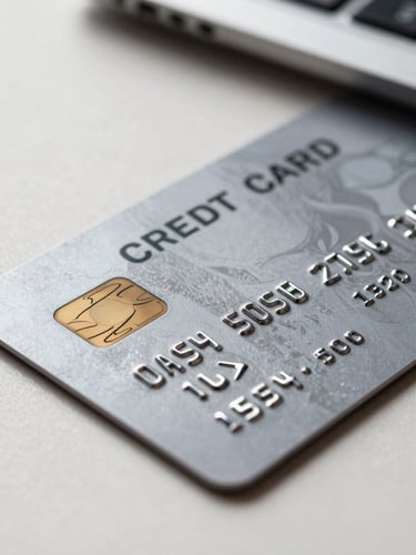 Tight macro shot of a physical metallic business credit card resting on a clean slate desk under bright morning daylight, showing sharp embossed corporate lettering.