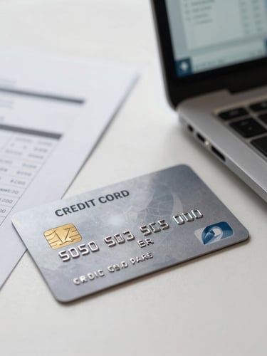 Tight macro shot of a physical metallic corporate credit card resting on a clean slate desk next to an open laptop showing credit bureau charts, bright natural lighting.
