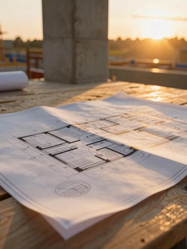 Close-up of architectural blueprints on a wooden table at a construction site, with a concrete pillar and golden sunset light in the background