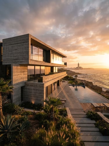 Architectural wide-angle shot of a luxury modern concrete villa in Casablanca, dramatic golden hour sunlight casting long shadows, minimalist lines, sharp focus