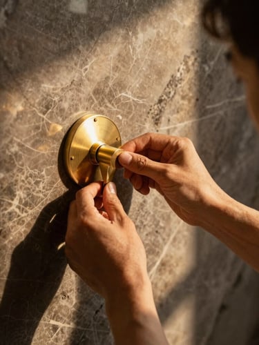 Close-up of hands-on craftsmanship, a master artisan adjusting a custom brass fixture on a dark marble wall, warm side light, premium focus.