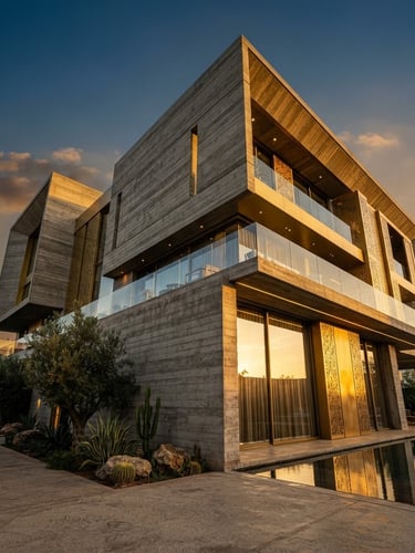 Architectural low-angle shot of a modern concrete villa structure under dramatic Casablanca golden hour sunlight, sharp clean lines, raw concrete texture juxtaposed with gold metal accents