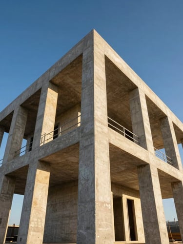 Low-angle architectural shot of a modern villa construction site in Casablanca, showcasing clean structural concrete columns under bright blue sky, sharp focus
