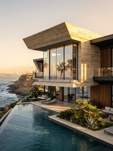 Premium architectural photography of a modern luxury villa in Casablanca, concrete and glass facade, dramatic golden hour sunlight casting clean shadows