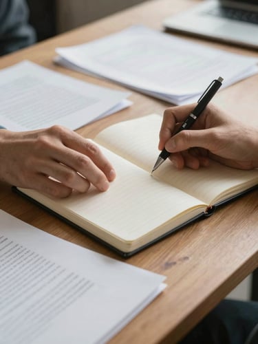 Close environmental shot of hands resting on an open notebook, a pen mid-sentence, papers and printed briefs spread across a desk under diffused north-facing daylight, warm grain in the wood visible, no face shown, taken during actual working session