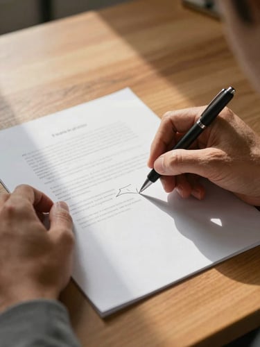 Close-up of two hands on either side of a document laid flat on a wooden desk, one hand holding a pen mid-annotation, north-facing daylight from the left, warm tungsten fill from the right, paper texture visible, no faces