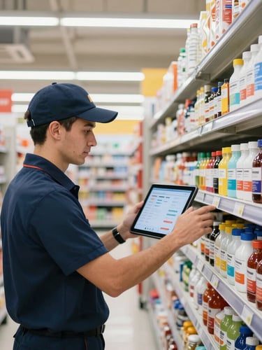 Professional field promoter in branded uniform organizing products on a supermarket shelf, medium shot, bright supermarket lighting, clean vibrant colors, sharp focus, tablet showing a trade marketing dashboard in the background, first-person perspective of retail execution.