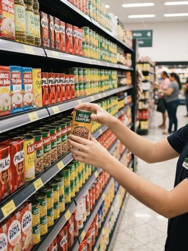 Promoter profissional uniformizado organizando gôndolas de supermercado, com produtos perfeitamente alinhados e estocados, sob iluminação ambiente de varejo, foco nítido, perspectiva de primeira pessoa.