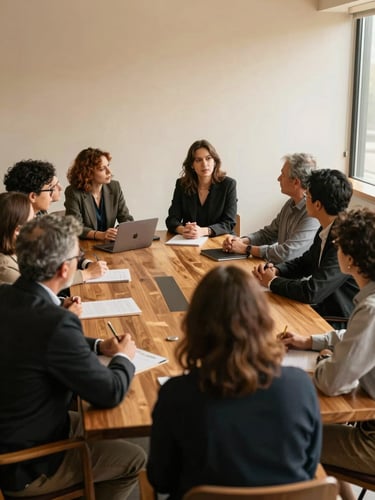A professional meeting room with warm natural light, diverse board members in deep discussion around a wooden table, focus on a woman speaking, collaborative and respectful atmosphere, warm editorial style