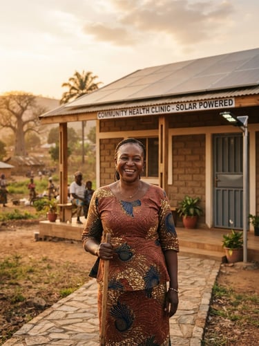 A warm environmental portrait of a local community leader standing in front of a newly constructed solar-powered health clinic at golden hour, rich earthy tones.