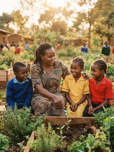 Environmental portrait of a local teacher guiding students under warm, natural golden-hour light, rich earthy tones, medium format, authentic human connection.