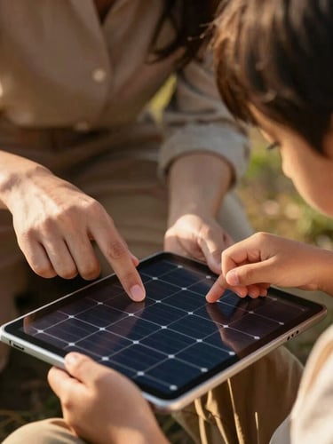 Close-up of hands-on collaboration, a teacher and a young student working together on a solar-powered digital tablet, warm natural light.