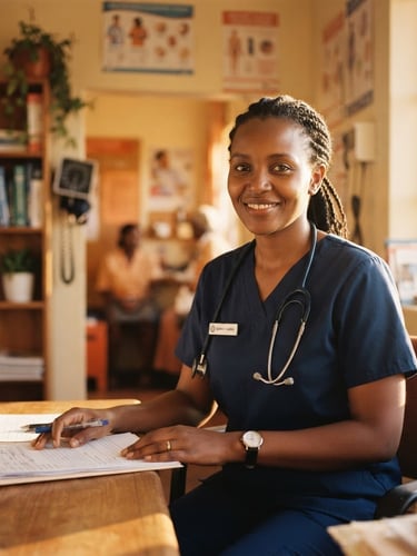 A warm environmental portrait of a local female nurse in clean clinical attire, smiling softly in a naturally lit community clinic, golden-hour light streaming through a window.