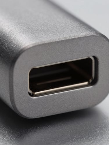 Extreme macro shot of a matte-finished anodized aluminum USB-C port, hard directional studio key light casting sharp shadows, low-saturation metallic gray tones, sharp technical focus on internal contacts.