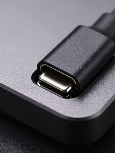 Extreme macro shot of a single matte-black USB-C port on an anodized aluminum enclosure, hard directional studio key light casting deep shadows, sharp focus on silver internal contacts