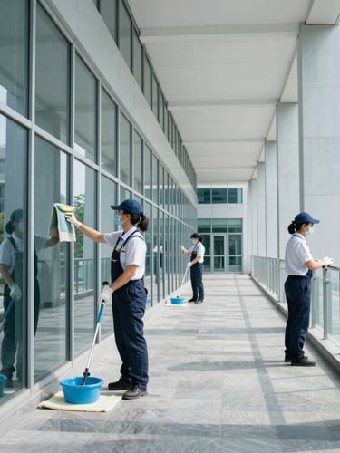 Mid-shot of professional cleaning staff in uniform, meticulously cleaning a glass corridor in a modern government building, bright natural daylight, cool blue and slate tones, sharp focus, architectural depth, with a sense of motion.