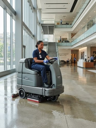 Professional cleaning staff member in a neat navy blue uniform operating a modern floor scrubber in a bright, spacious government office lobby, natural daylight, sharp focus, architectural depth
