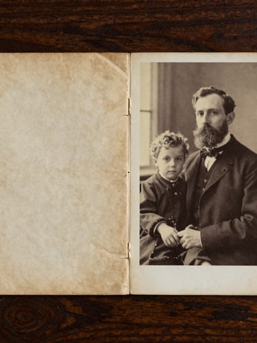A split-screen macro shot of an antique physical photograph resting on a dark oak library table. The left half is severely creased, faded, and water-stained; the right half is crisply restored, showing a sharp, high-contrast portrait of an early 20th-century family under warm, soft window light.