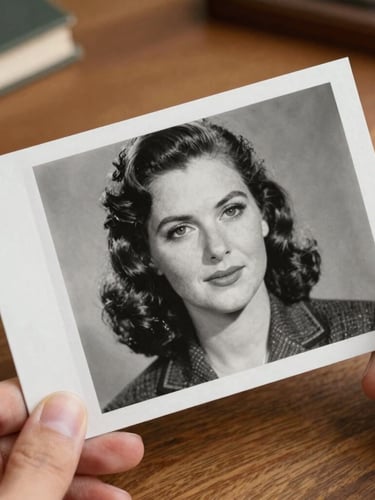 A close-up of a hand holding a physical, heavily creased 1940s black-and-white portrait over a warm wooden desk. Half of the photo is meticulously restored to crisp detail, under soft library lighting.