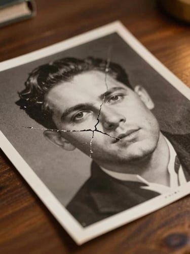 Tight close-up of a damaged 1920s black and white portrait photo, severe crack running through the center, resting on a dark wooden desk under warm library light.