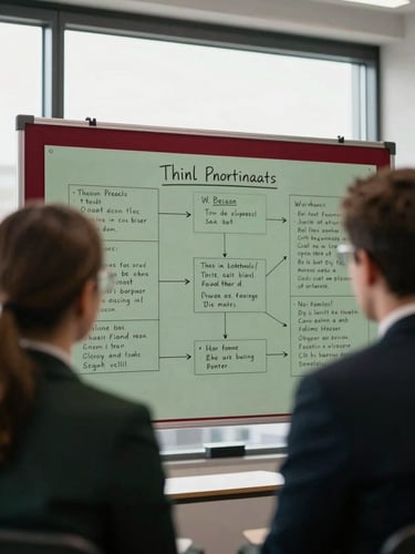 Over-the-shoulder view of an executive workshop, natural side-lighting from large windows, sharp focus on physical process mapping board with handwritten notes, deep crimson and muted forest green tones, 35mm.