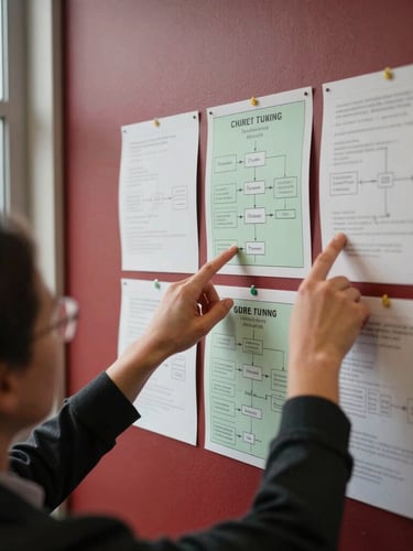 Over-the-shoulder workshop perspective, hands pointing to physical process mapping cards on a wall, natural window side-light, rich crimson and muted green tones, 35mm