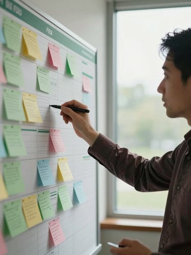 Focused operations director analyzing a workflow board with notes, natural overcast window light, muted green accents, sharp focus, 35mm