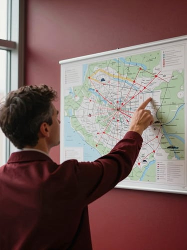 Over-the-shoulder view of an executive pointing at a physical logistics map on a wall, soft natural side-light from a window, rich crimson tones, sharp focus, 35mm