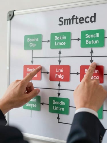 Over-the-shoulder shot of hands pointing to an operational workflow map on a physical board, natural side-light, sharp focus, 35mm.