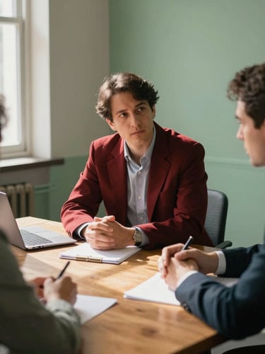 Focused executives conducting an operational review around a wooden table, natural window light casting soft shadows, muted green accents, candid editorial style, 35mm.