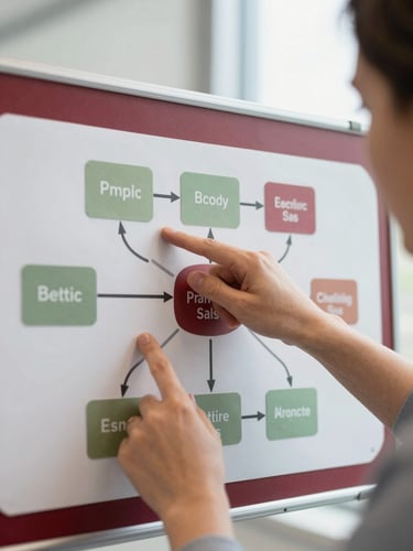 Close-up of hands pointing to a process mapping diagram on a physical board during an operational review, soft window light, sharp focus, 35mm