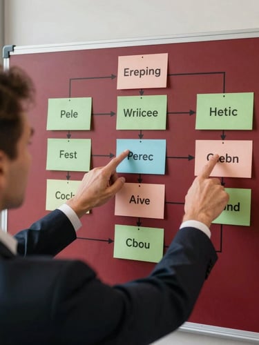 An over-the-shoulder perspective of an executive workshop, hands pointing to a structured process map on a physical board, natural side-light, rich crimson tones, sharp focus, 35mm.