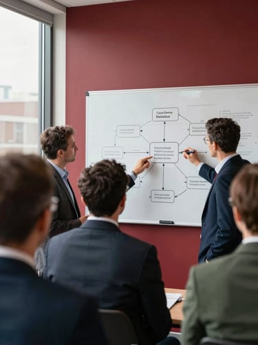 Over-the-shoulder perspective of a focused leadership workshop, natural window side-lighting, professional executives analyzing a process map on a wall, rich crimson accents, sharp focus, 35mm