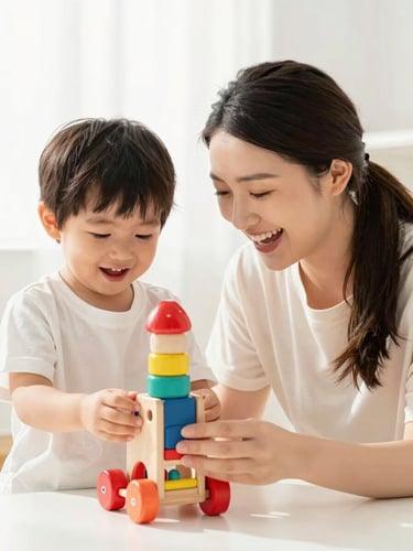 Bright high-key toy photography, a warm family portrait of a young mother and child laughing together, holding a handcrafted wooden toy, soft natural daylight, clean white background.