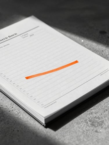 Macro 35mm editorial studio photography of printed financial ledgers on a minimalist concrete workspace, sharp directional shadows, high-contrast stark monochrome with a single orange ink accent mark.
