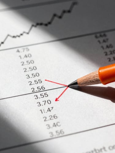 Macro crop of a printed financial report with sharp directional shadows, red pen annotations on unit economics, stark monochrome layout with orange accents