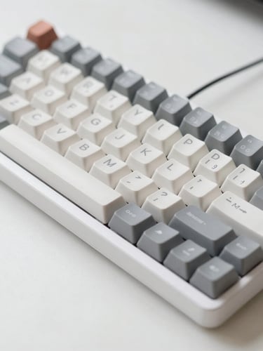 Close-up of a clean minimalist desk setup with a mechanical keyboard and natural light, 35mm lens