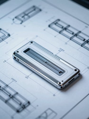Extreme close-up of a high-fidelity UI wireframe with technical blueprints, cool diffused blue backlighting, sharp high-contrast shadows, and stark white key lights.