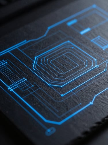 Stark high-contrast extreme close-up of a high-fidelity UI wireframe interface with glowing blue vector lines on a dark slate background, cool diffused backlighting, geometric precision