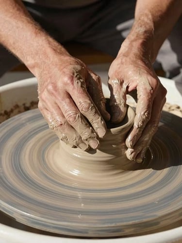 A close-up portrait of hands shaping wet terracotta clay on a potter wheel, harsh desert sunlight casting long shadows across the deeply textured surface.