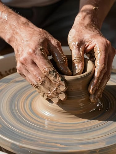 Close-up macro shot of wet terracotta clay being shaped by hands on a potter's wheel, harsh desert sunlight casting dramatic shadows across the spinning texture.