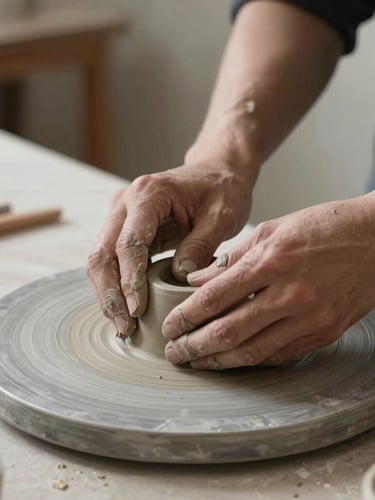 Close-up of hands shaping raw clay on a minimalist concrete workbench, soft north-facing studio light, focus on the tactile texture of the material.