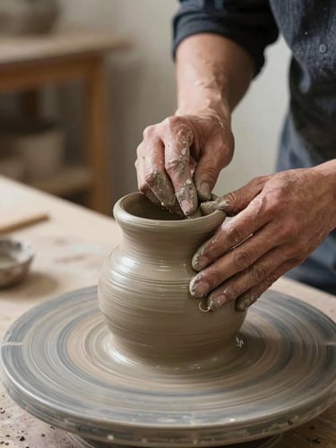 Close-up of artisan hands carefully shaping a raw clay vessel on a wooden studio worktable, soft north-facing studio light.