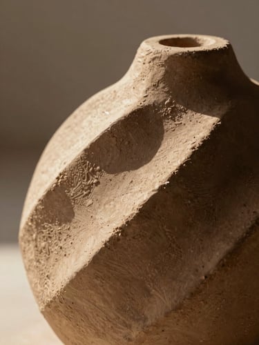 Macro photograph of textured terracotta clay sculpture, harsh desert sunlight casting dramatic shadows across geometric ridges, minimalist background.