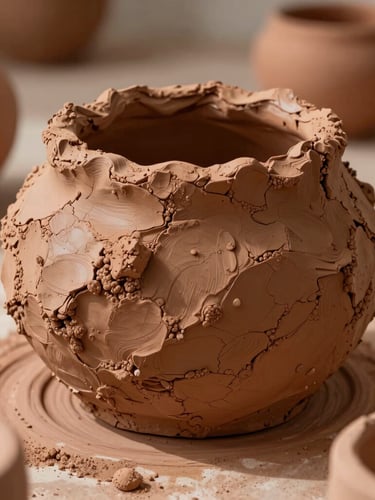 Close-up of raw, heavily textured terracotta clay drying in a bright Arizona studio, harsh sunlight highlighting the organic contours.
