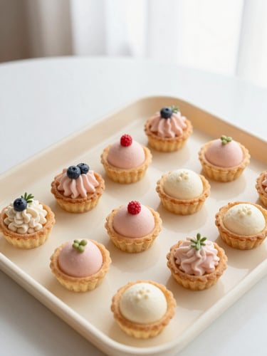 Top-down overhead shot of neatly arranged miniature tarts and pastries on a pastel cream tray, soft natural window light, blush tones