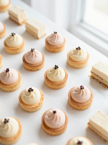 Bright editorial food photography of an elegant dessert table, overhead top-down flat lay of neatly arranged mini tarts and cake slices, soft natural window light, pastel cream and blush tones.